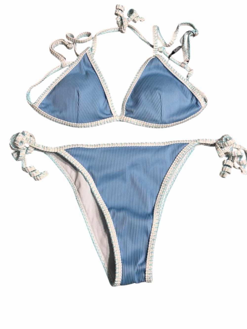 Zaful Blue Ribbed Triangle Bikini with Cream Trim